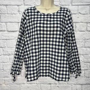J. Crew Womens Cold Shoulder Gingham Plaid Top Size M Navy Blue White 3/4 Sleeve